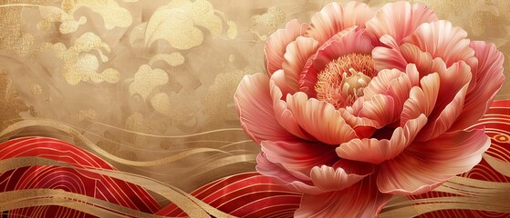 Japanese vintage icon with watercolor texture modern. Round shape with gold foil decorations. Peony flower and wave hand-drawn.