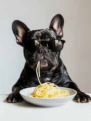 Canvas Print - Portrait of a French bulldog wearing sunglasses and eating pasta from a plate, sitting upright with paws on the table