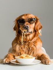 Portrait of a golden retriever wearing sunglasses and eating pasta from a plate, sitting upright with paws on the table