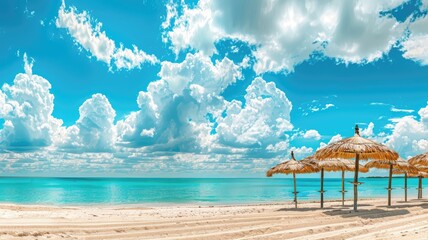 Wall Mural - Panorama beautiful beach with white sand, turquoise ocean and blue sky with clouds on Sunny day. Summer tropical landscape with green palm trees and Straw umbrellas with empty copy space.