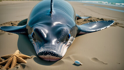 Beach summer panoramic background with big eye cute Blue whale on the sand