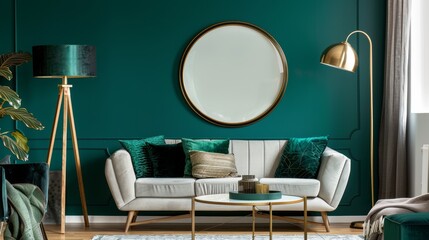 A chic living room with a round gold frame with copy space on a dark teal wall, near a velvet sofa and stylish floor lamp.