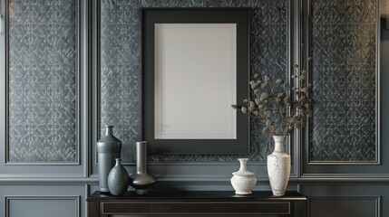 Wall Mural - A stylish hallway with a rectangular black frame with copy space on a patterned wallpaper, near a console table with modern vases.