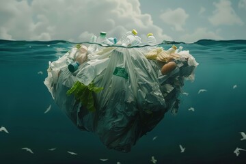 A plastic bag filled with trash floats on the surface of the ocean, highlighting the issue of plastic pollution