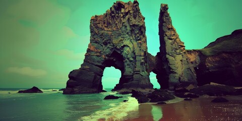 Wall Mural - A natural rock formation with a large archway stands tall on a beach with calm water in the foreground