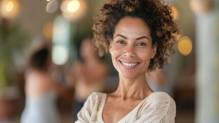 Wall Mural - Beautiful smiling woman with clean skin, natural make-up with crowd of woman on background