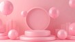 © RESTY - Pink podium background balloon 3d product display pastel stage day birthday ball gift. Podium platform abstract pink background love mother party color sale mom round happy room stand box cosmetic