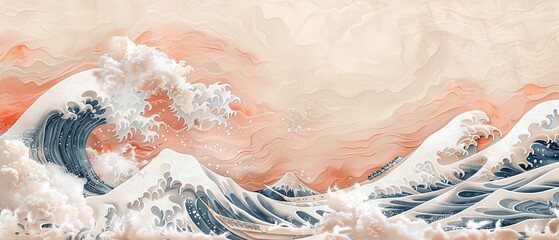 Wall Mural - The poster design depicts a wave pattern with hand-drawn clouds. The background is a modern Japanese background with Asian icons and symbols. Abstract patterns and templates are used throughout. The