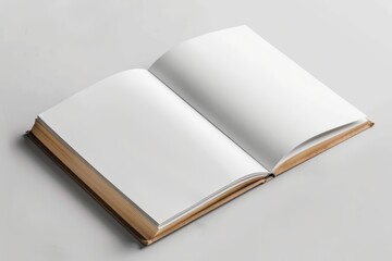 An open book with blank pages and a brown cover is placed on a light grey surface. The book is open to a clean, white spread