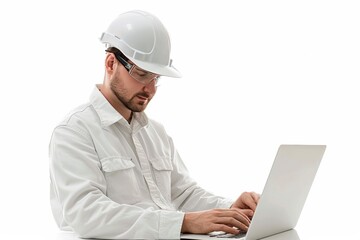Aufkleber - A radiant image of an alluring inspection engineer adorned in a gleaming white hardhat, confidently reviewing project timelines on a laptop.