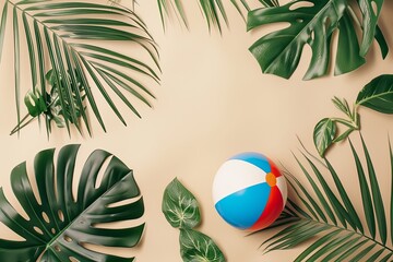 Top view of a beach ball and tropical leaves on a sand-colored background.