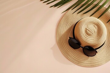 Poster - Top view of a beach hat and sunglasses on a sand-colored background.