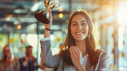 Wall Mural - Businesswoman in suit holding a golden trophy cup with both hands, celebrating standout team member, office team applause. Employee Appreciation Day concept. Professional achievement, success, winner