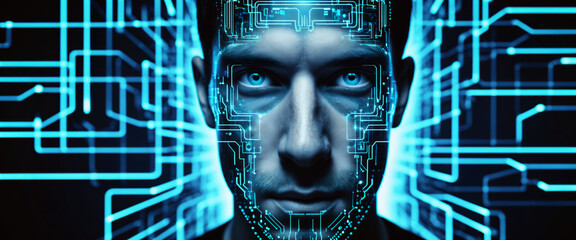 Wall Mural - Future man portrait inside electronic cyberspace digital technology communication concept