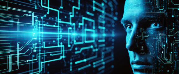 Wall Mural - Future man portrait inside electronic cyberspace digital technology communication concept