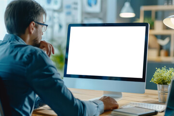 Man working on desktop computer in modern office, blank screen on monitor for custom content or advertisement mockup