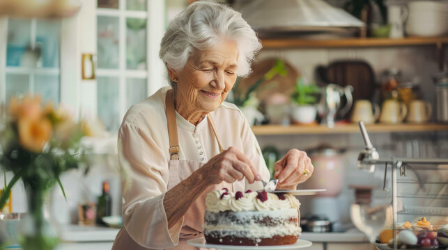 Joyful mature woman in apron cooking birthday cake in the kitchen. senior people concept. happy smiling elderly woman decorates festive cake on kitchen at home. Active aging