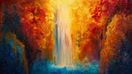 Wall Mural - Vibrant hues of red orange and yellow painting a beautiful waterfall resembling a fiery curtain.