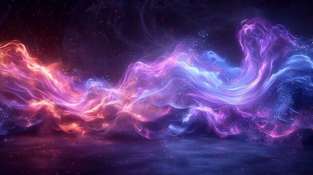 This animated 3D illustration features a magic swirl on a black background with a wind effect. It illustrates a magician's wand twirling purple and sparkling blue with purple sparkles.