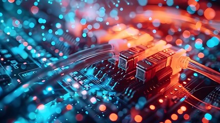 Wall Mural - close-up of network cables with a fiber optical background, highlighting the critical infrastructure
