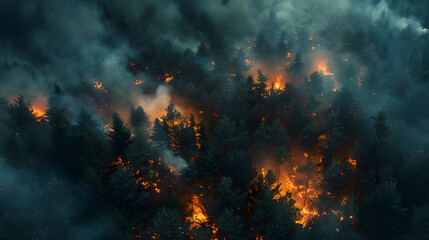 Poster - Aerial view of a pine forest fire with flame and smoke