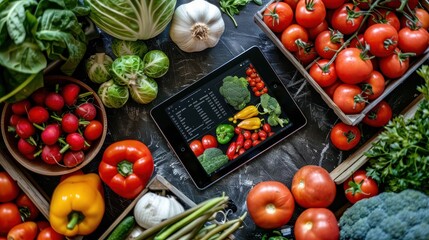 Exploring diet statistics on a tablet amidst a variety of fresh vegetables