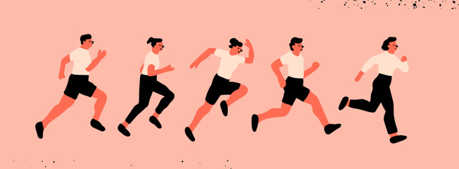 Wall Mural - Set of Running people. Cartoon flat style. Cute isolated characters. Sport, jogging, rush, race, ambition, success aspiration, hurrying to goal, marathon concept. Hand drawn Vector illustration