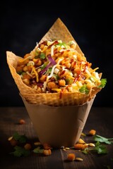 Wall Mural - Exotic Indian street food dish, bhel puri, served in a paper cone with crunchy puffed rice