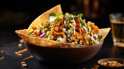 Wall Mural - Exotic Indian street food dish, bhel puri, served in a paper cone with crunchy puffed rice