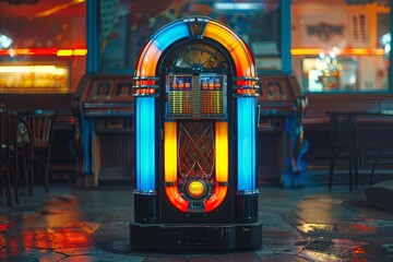 A classic jukebox with colorful lights stands in a dimly lit diner. Generative AI