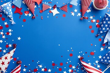 A blue background with stars and stripes, red party decorations 