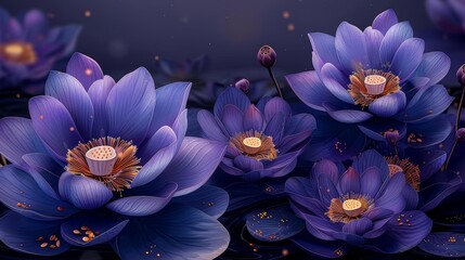 Canvas Print - Modern illustration for wallpaper, natural wall art, banners, prints, invitations, and packaging. Purple background and yellow lotus flowers.