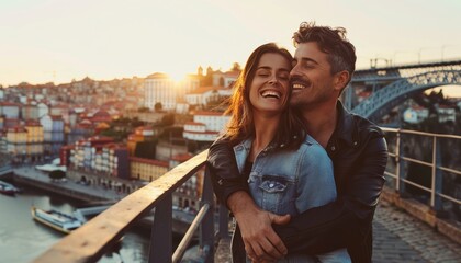 Blissful Getaway: A Cheerful Couple's Vacation at Dom Luis Bridge in Porto, Portugal