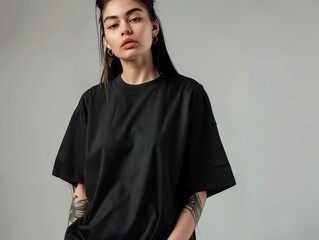 Mockup of a plain black oversized t-shirt on a young woman, ideal for branding and design