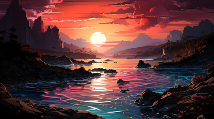 Poster - Bioluminescent cliffs, sunrise