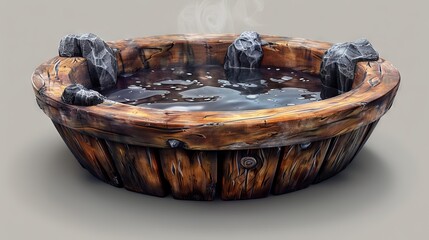 Handmade handmade bathtub with wooden basins and wooden vats. Wood vats with hot water.