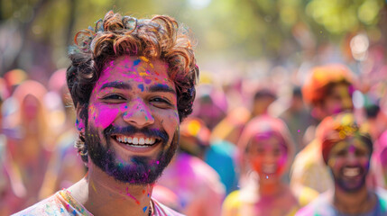 Three happy people covered in colored powder are smiling at the camera during a leisure activity