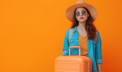 Woman tourist with a suitcase on a bright orange background. Tourism and travel concept. Vacation. Holidays. Place for text. Copy space.