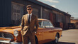 © GraphicXpert11 - A 1960s male model in a mod suit and skinny tie, posing next to a vintage car