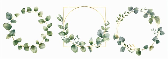 Wall Mural - A set of gold and green watercolor floral wreaths