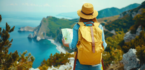 Exploring nature with map and backpack. Adventure travel hiking woman exploring map on mountain overlooking sea.