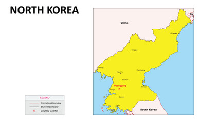 Poster - North Korea Map. Major city in North Korea. Political map of North Korea with border and neighbouring country.