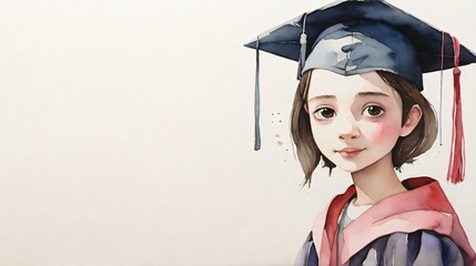 Wall Mural - watercolor of illustration girl wearing cap graduation with empty spave