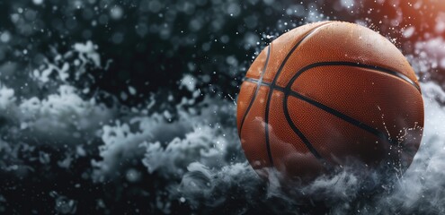 Basketball in water splash. Modern illustration of a basketball with water splash isolated on dark background. Design template for sports-themed posters and banners.