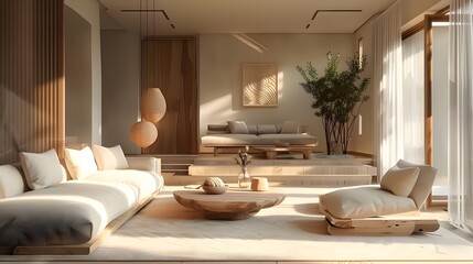 Wall Mural - Modern interior japandi style design livingroom. Lighting and sunny scandinavian apartment with plaster and wood. 3d render illustration.