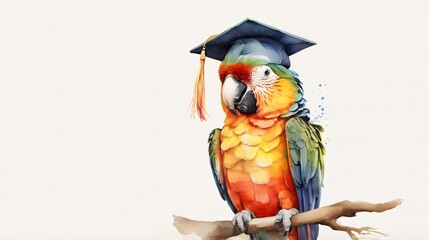 Wall Mural - watercolor painting of illustration parrot bird wearing cap graduationwith empty space
