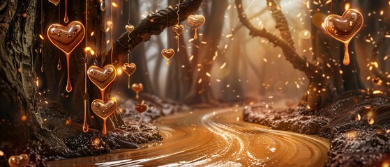 Wall Mural - Enchanted Chocolate Forest with Heart-Shaped Cocoa Leaves and Caramel River - Space for Text