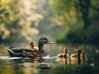 A serene pond scene featuring a family of ducks gracefully swimming on the water's surface.