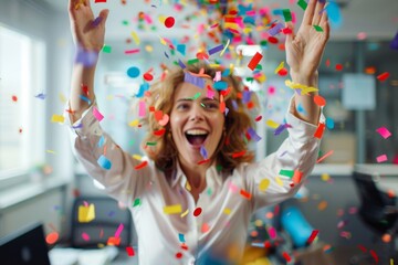 a woman throwing confetti and celebrating a big win, office background 
