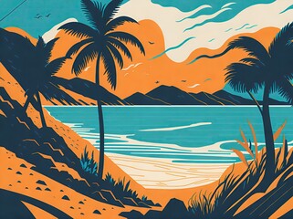 Sticker - Beach landscape flat style illustration